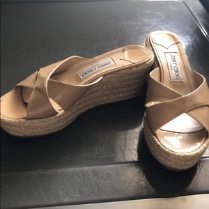 Jimmy Choo paisley patent leather wedge slides